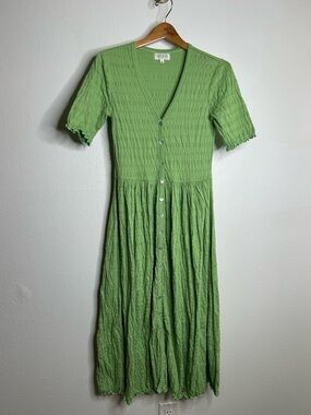 Nation LA Claudine Crinkle Button Down Green Short Sleeve Midi Dress Size Small